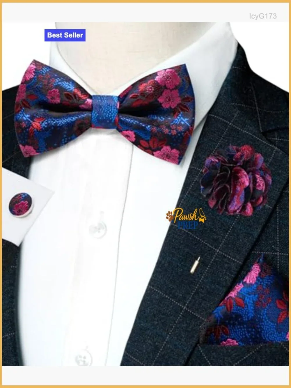 Men's Silk Floral Bow Tie Set with Pocket Square Cufflinks Lapel Pin